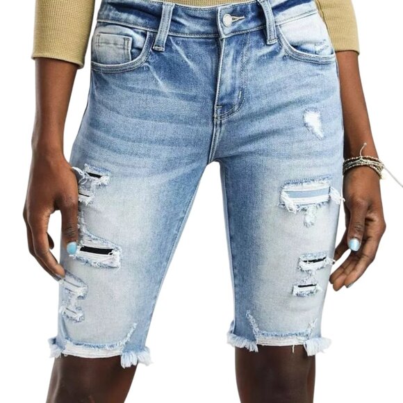 KANCAN The Buckle Distressed Denim Bermuda Jean Shorts 26 - Picture 1 of 15